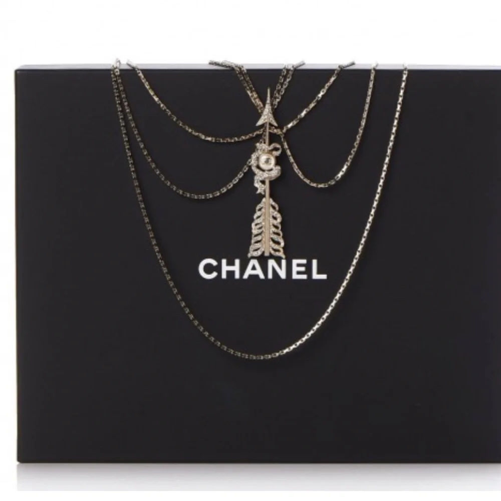 CHANEL Crystal Pearl Multi Strand Chain CC Arrow Necklace Gold - Picture 7 of 16